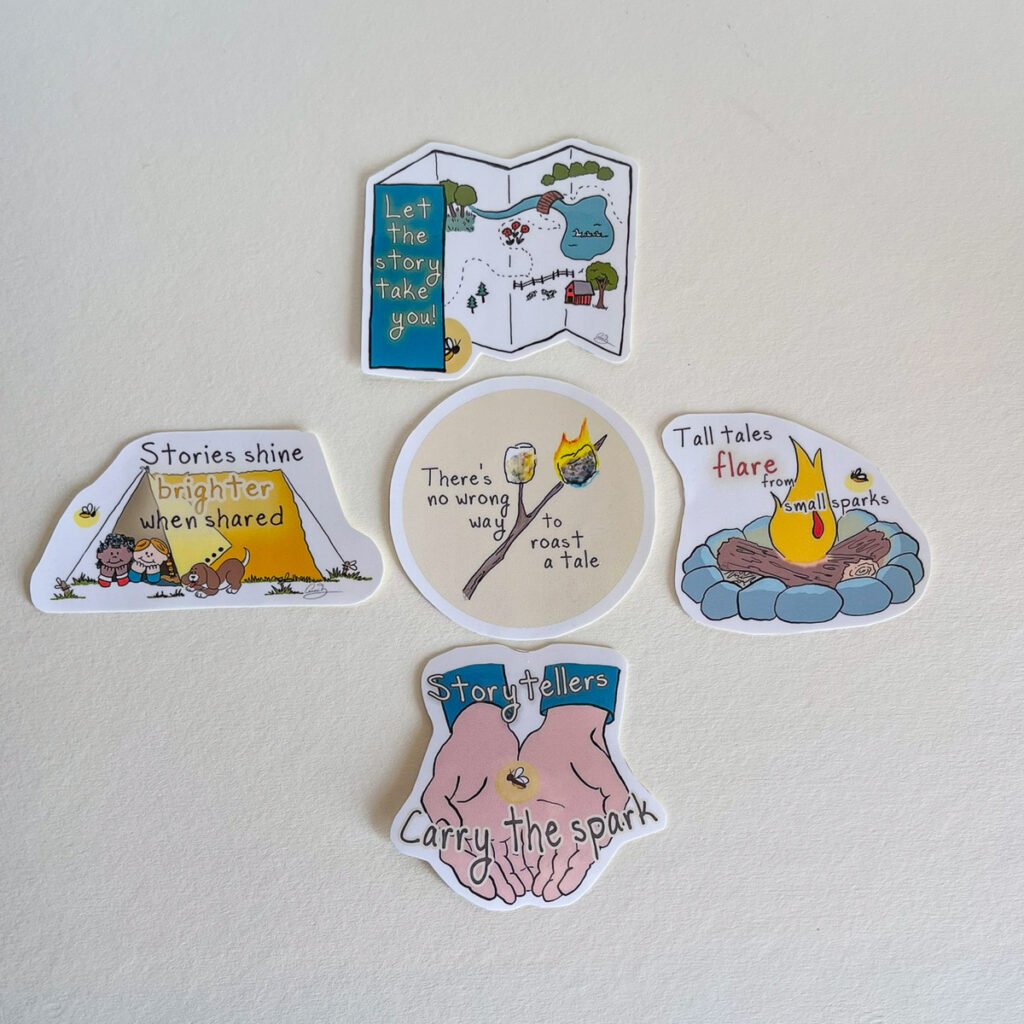 Five illustrated stickers arranged on a white background, each with a storytelling-themed design and message.