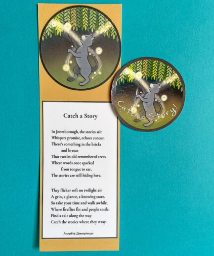 Catch a Story bookmark and sticker set on teal background.