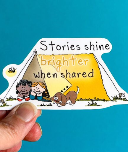 Catch a Story Tent Sticker with glowing tent, pup, and listeners. Glossy storytelling sticker for journals, laptops, and water bottles.