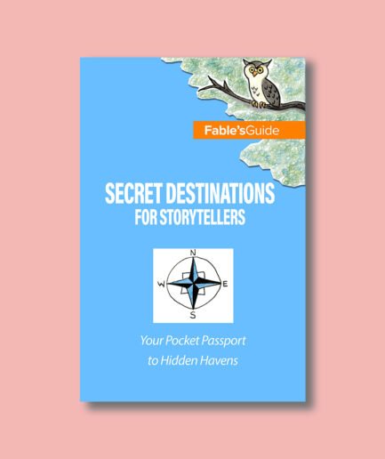 Cover of the mini-zine Fables’ Guide: Secret Destinations for Storytellers. The design mimics a travel guide, with a bold orange “Fable’s Guide” banner, an illustrated owl perched on a branch, a hand-drawn compass, and the subtitle “Your Pocket Passport to Hidden Havens” on a light blue background.
