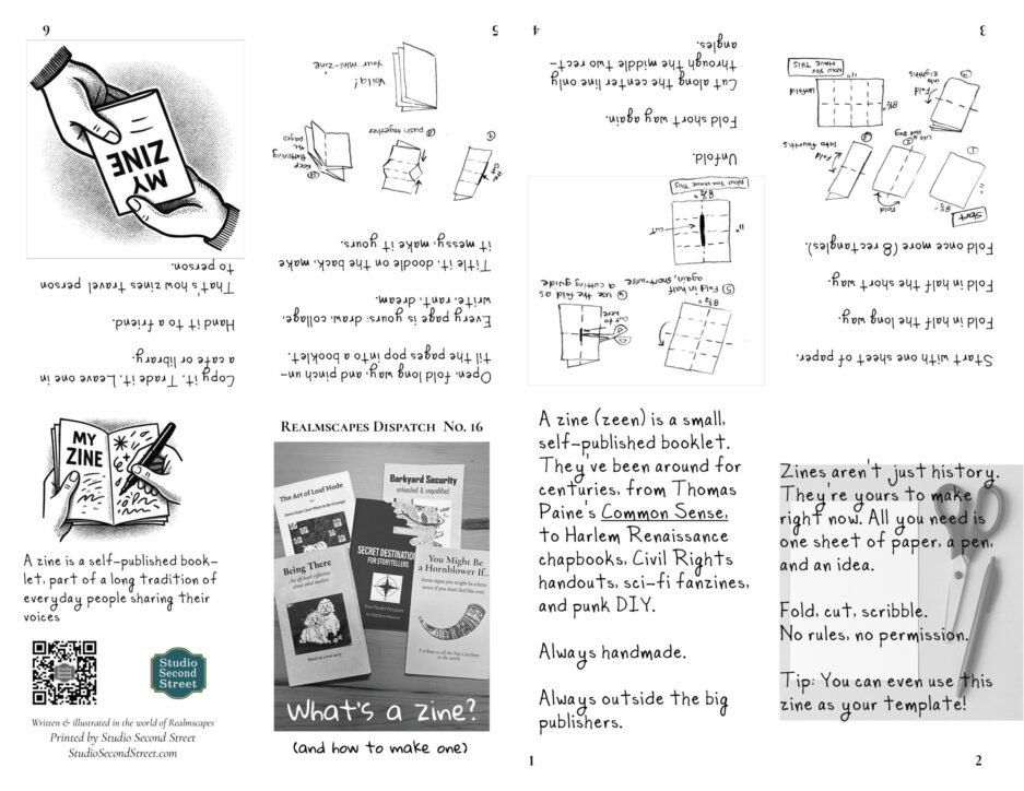 Flat layout of the mini-zine Realmscapes Dispatch No. 16: What’s a Zine? (and how to make one) showing both sides of the single sheet with text, folding diagrams, and small illustrations explaining how to fold, cut, and assemble a handmade zine.
