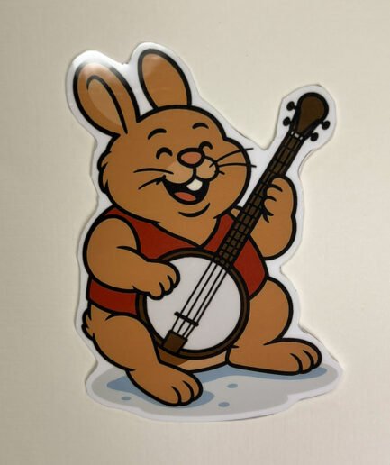 Banjo Bunny vinyl sticker playing a banjo, illustrated in a warm, folk-art style