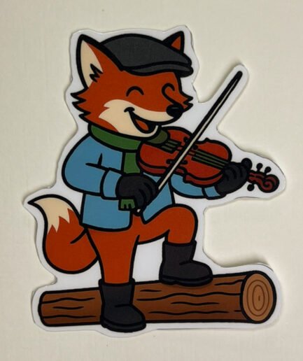 Fox and Fiddle vinyl sticker featuring a happy fox playing a fiddle