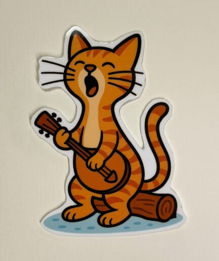 Singing Kitty vinyl sticker featuring a singing cat playing a small stringed instrument